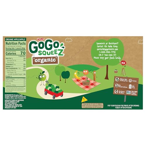 GoGo squeeZ Fruit on the Go Organic, Apple Apple, 3.2 oz (Pack of 12), Unsweetened Organic Fruit Snacks for Kids, Gluten Free, Nut Free and Dairy Free, Recloseable Cap, BPA Free Pouches