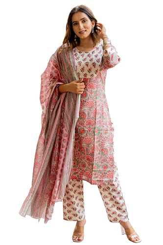 Image of MIRCHI FASHION Women's Straight Fit Pure Cotton Embellished Floral Printed Kurta Set with Dupatta and Trouser