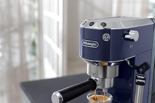 Image of De'Longhi Dedica Style - Perfetto Compact Manual Espresso Machine, Manual Milk Frother for Espresso and Cappuccino, Compatible with ESE Single Doses, Button Panel, Width 15 cm, Blue (EC685.BL)