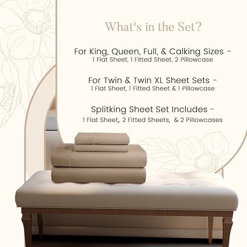 Split King Sheet Set, 100% Cotton Bed Sheets Split King Size Sheets Deep Pocket Set, 800 Thread Count Sateen Weave 4 Piece Luxury Bedding, Soft & Breathable No Pill Fade Resistant – Taupe