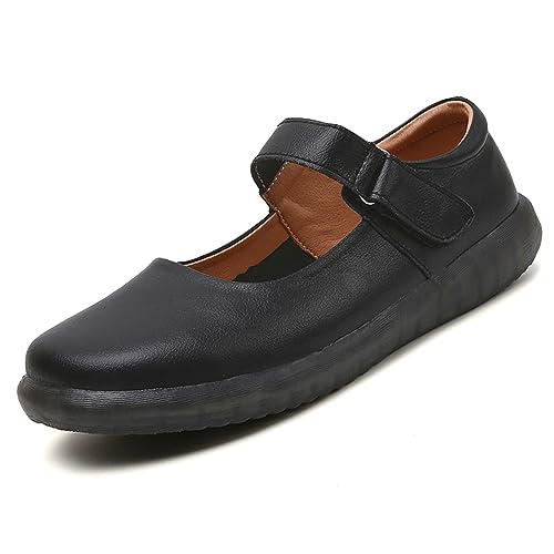 Women's Leather Mary Jane Flats with Adjustable Hook and Loop Closure Round Toe Casual Comfortable Slip On Soft Sole Ballet Flats Lightweight Mom Walking Shoes