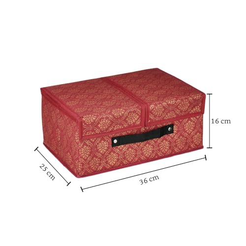 Image of Amazon Brand - Solimo Double Lid Foldable Storage Box | Toys Storage Bin | Wardrobe organizer for Clothes | Front Handle | Stackable Rack | 36 x 25 x 16 cm (Golden Print, Maroon)