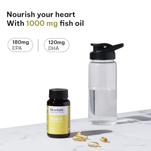 Image of hk vitals Omega 3 (90 Fish Oil Capsules) | 1000mg Omega 3 with 180mg EPA & 120mg DHA | For Brain, Heart, Eyes, and Joints Health