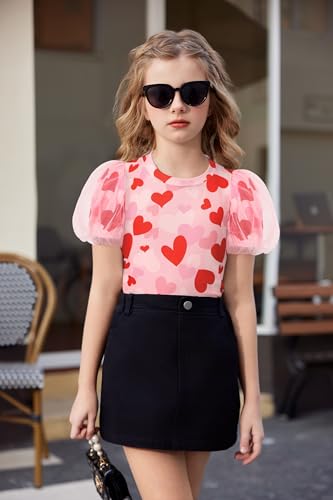 Image of Arshiner Girls Shirts Mesh Puff Short Sleeves Blouse Crewneck Cute Print Summer Kids Tee Tops