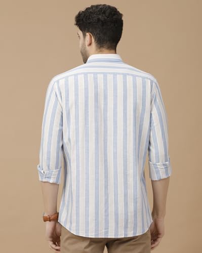 Image of Cavallo by Linen Club Men's Blended Linen Blue Striped Full Sleeve Casual Shirt