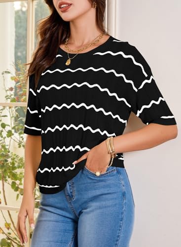 EVALESS Womens Short Sleeve Sweaters Spring Summer Crochet Knit Tops Crewneck Striped T Shirts Casual Blouses for Women3