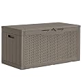 Greesum 100 Gallon Resin Patio Storage Box for Garden Tools, Outdoor Furniture Cushions, Pool Supplies, Light Brown