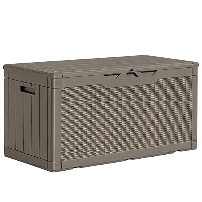 Greesum 100 Gallon Resin Patio Storage Box for Garden Tools, Outdoor Furniture Cushions, Pool Supplies, Light Brown