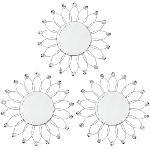 3 Pack Metal Mirrors for Wall Sunburst Wall Mirror Silver Crystal Décor