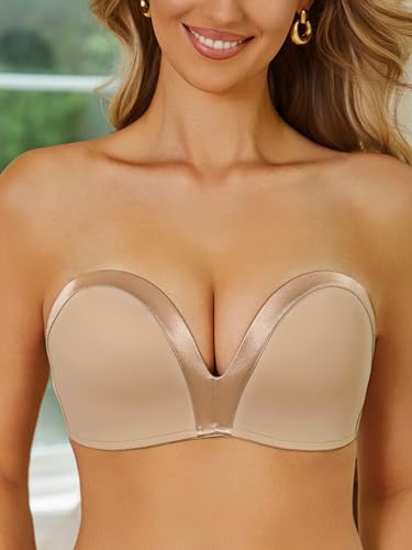 Image of Push Up Strapless Bras for Women Wirefree Non Slip Smoothing Bra Satin Patchwork 34B