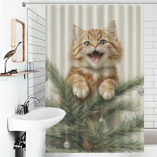Rideau de douche imperméable chat de Noël en polyester anti-goutte - 4