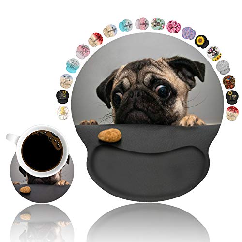 Loworo Ergonomic Mouse Pad Wrist Support With Coasters Set, Cute Large Wrist Rest Pad With Non-Slip Pu Base For Laptop Computer Home Office Working Gaming Pain Relief, Cute Pug #TOP21