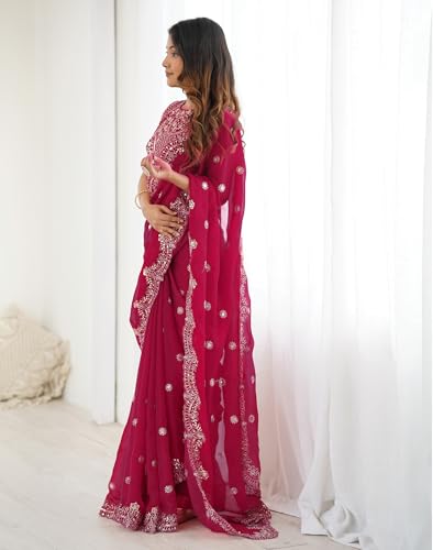 Image of Satrani Women's Shimmer Chiffon Dual Tone Scalloped Border Sequins Embroidery Saree with Unstitched Blouse Piece