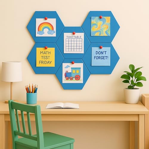 Image of MMT Acoustix PinFelt Hexagon Bulletin Board - Set of 7 12x12 inch Felt Office Pin Board Tiles for Notes Reminders & Work Organisation Self-Adhesive, Pin-Friendly, Acoustic Panels for Wall (Carolina)