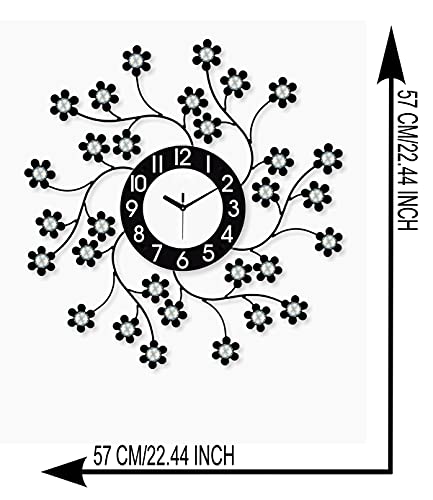Image of CHRONIKLE Beautiful Diamond Series Analog Floral Design Round Metal Crystal Wall Clock for Living Room Home Decorations Office Gifts (Size: 57 x 5 x 57 CM | Color: Black | Weight: 1030 Gram)