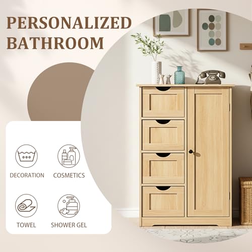 Image of Vasitelan Bathroom Wooden Floor Cabinet, Side Storage Organizer with 4 Drawers and 1 Cupboard, Freestanding Entryway Storage Unit Console Table,22 inch W x 11.8 inch D x 31.5 inch H (Wood Color1)