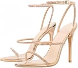 LISHAN Women's Round Open Toe Diamond Studded High Heels Rhinestone Heeled Sandals Slingback Sandals Ankle Buckle Stilettos Heels Party Three Straps Shoes Gold Size 11