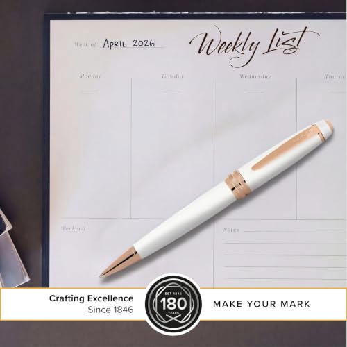 Image of Cross Bailey White & Rose Gold Refillable Ballpoint Pen - Medium Point, Black Ink, Smooth Writing, Presented in a Premium Gift Box