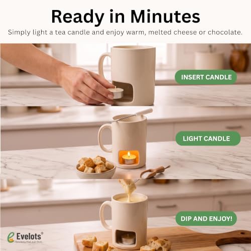 Image of Evelots 4-Pack Ceramic Fondue Cheese Mugs, 8 Forks & 16 Candles, White | Perfect for date nights, parties and Mother's Day gifts; includes 4 ceramic fondue mugs, 8 forks and 16 tealight candles.