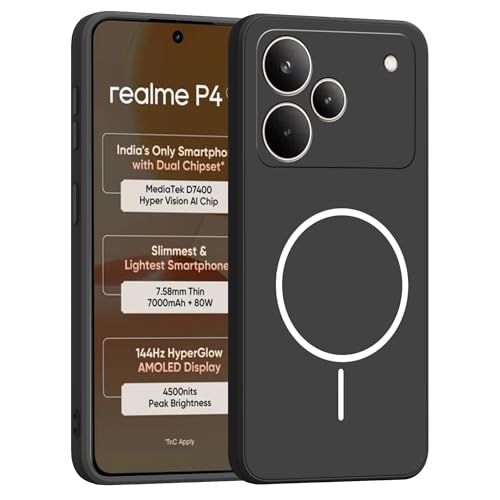 Image of amazon basics Back Cover for Realme P4 5G | Ultra Slim Soft Rubberised Case | Magsafe Logo Printed (Not Magsafe Compatible) | Camera Protection - Black