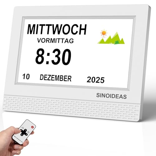 SINOIDEAS 7 Zoll Digitaler Wecker, Demenzuhr für Senioren | Digitaler Kalender mit 22 Benutzerdefinierten Erinnerungen, 17 Themen & Auto DST(Weiß)