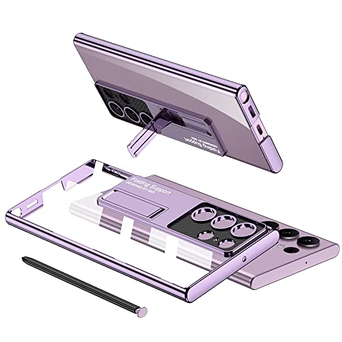 Image of Midkart Kickstand Cover Compatible with Samsung Galaxy S23 Ultra 6.8 inch Release 2023 Hard PC Electroplated Borders Anti-Yellowing Protective Case, Transparent & Purple
