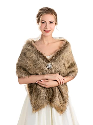 Aukmla womens Long Wedding Faux Fur Wraps Shawls Bridal Stole Brides Bridesmaids, Brown, Free size