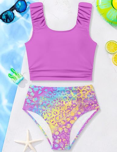 Image of Girls Tankini Swimsuit 2 Piece Bathing Suit Twist Cross Back Cutout Swim Tank Top Floral Print Swimwear for 7-18Y