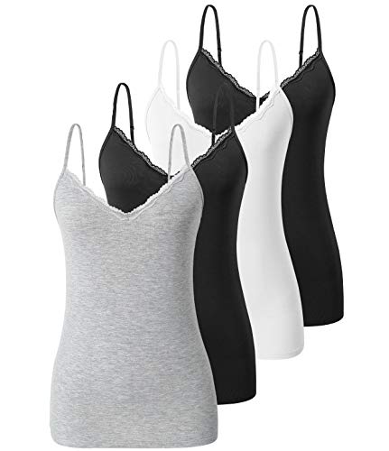 Ymmchy Verstellbare Camisoles Spitzen-Camisoles für Damen, V-Ausschnitt, Weste, Tops, Spaghettiträger, Tanktop, 4er-Pack, 4er-Pack schwarz/weiß/schwarz/grau, X-Large Cover