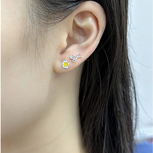 Cute Sunny Side up Egg Stud Earrings for Women Girls 925 Sterling Silver Hypoallergenic Tiny Small Food Breakfast Dining Studs Cartilage Tragus Post Nickel Free Jewelry Gifts Daughter Gastronome Chef2