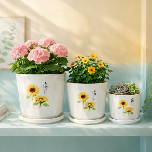 Image of Xtore Charming Sunflower Ceramic Planter Set with Drain Tray | Elegant Indoor & Outdoor Flower Pots for Living Room, Balcony, Office Desk & Garden Decor (Set of 3, White&Yellow) (Planter only)