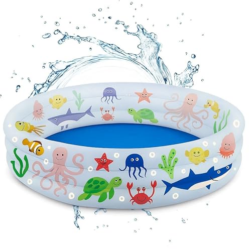 ADEPTNA Kids Inflatable Paddling Pool with 3 Rings, 1.22m x 0.25m, Durable Thick PVC Baby & Toddler Swimming Pool with Soft Inflatable Floor, BPA-Free, Sea Life Print, Easy to Inflate & Deflate