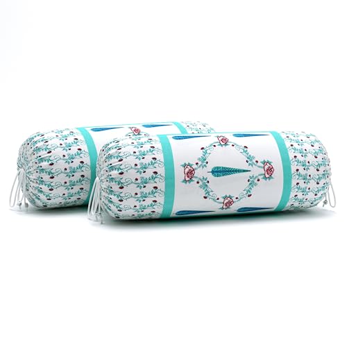 Image of BLOCKS OF INDIA 200TC Diwan Set Cotton 8 Piece | Deewan Printed Bedsheet Sets for Living Room Hall (Set of 8 Piece, 1-Bed Sheet | 2-Bolster Cover | 5-Cushion Cover (Turquoise Patti)