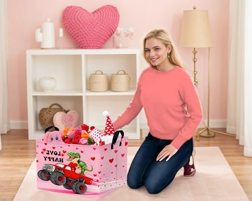 Image of Large Valentine's Day Basket Heart Shaped Storage Bin for Gifts Collapsible Organizer Room Decor (Pink Monster Truck Dinosaur)