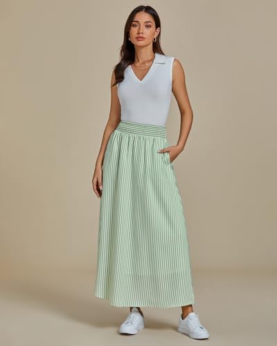 luvamia Striped Skirts for Women Maxi Long Flowy Trendy Smocked Elastic Waist Summer Beach Vacation Skirt with Pockets4