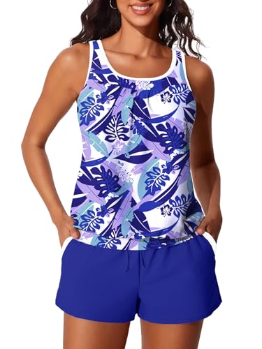 Image of Summer Mae Blouson Women's Tankini Swimsuits Tummy Control Modest 2026 Two Piece with Sporty Pockets Bathing Suits Blue Palm Leaves Large
