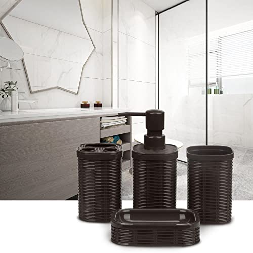 CERBIOR Bathroom Accessories Set 4 Piece Bath Ensemble Includes Soap Dispenser, Toothbrush Holder, Toothbrush Cup, Soap Dish for Decorative Countertop and Housewarming Gift, Brown
