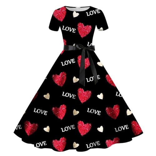 Cocktailkleid Damen Elegant Kleid Valentinstag Herz Muster Partykleid Kurzarm 1950er Jahre Hausfrau Party Ballkleid A Linien Vintage Abendkleid...