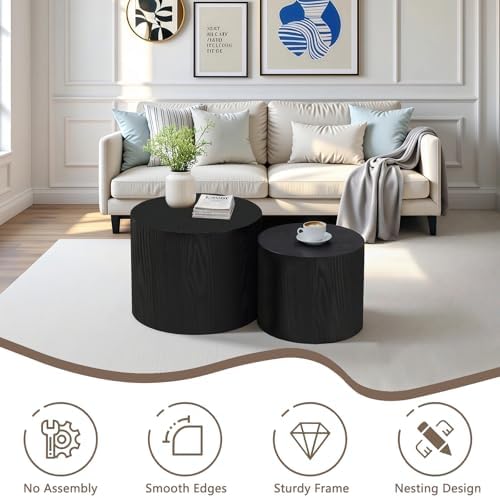 Modern Round Nesting Coffee Table Set of 2 - Non-Slip Feet, No Assembly, Matte Black Wood Side Tables for Small Spaces, Ideal for Living Room & Bedroom