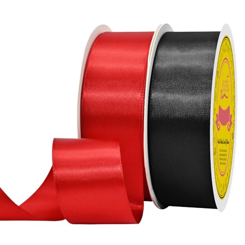 Image of 100 Yards Black Red Satin Ribbon Polyester Ribbon for Gift Wrapping Very Suitable for Weddings Party Hair Bow Invitation Decorations and More(1-1 /2 inch X 50Yards X 2 Roll)