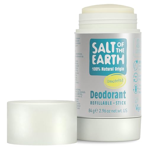 Deodorante stick naturale Salt Of the Earth, senza profumo - Vegano, ricaricabile, approvato da Leaping Bunny, prodotto nel Regno Unito - 84g