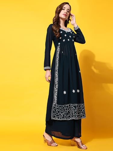 Image of PH POSHAKHUB Women A-Line Nyra Cut Kurta with Sharara in Georgette with Aari Work