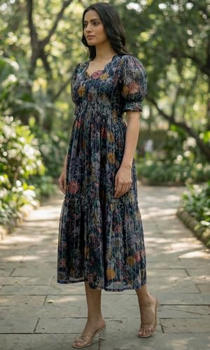 Image of Sun Fashion And Lifestyle Chanderi Printed Dress for Women | Western Dresses for Women | One Piece Midi Dress | Fit and Flare Dress | A-line Dress (KT74 Blue)