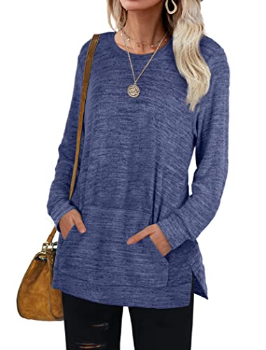 Long Sleeve Tops for Women Casual Loose Winter Sweatshirts Navy Blue XXL