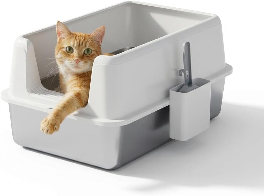 Stainless Steel Cat Litter Box, XL Enclosed Metal Litter Box with Lid & Side Litters Filter, Anti-Leak Non-Stick Design, Includes Scoop for Large Cats 8'' Deep White