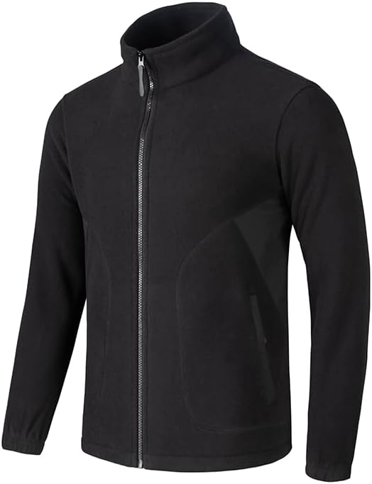 Men's Full Zip Fleece Jacket, Stand Collar, Warm Thick 100% Polyester, Black