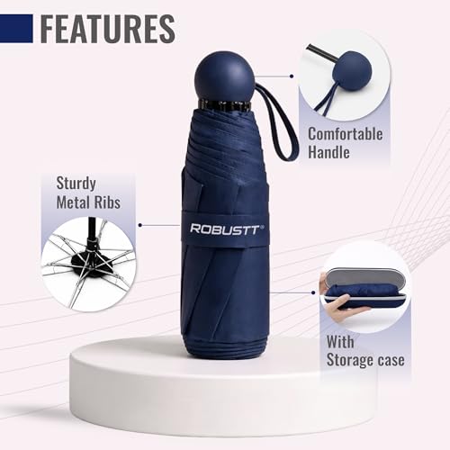 Image of Robustt Capsule Mini Foldable Travel Umbrella | Dark Blue | UPF 50+ UV & Rain Protection | 3 Fold Compact | for Women, Men & Kids | Windproof, Waterproof, Pocket-Size with Storage Case