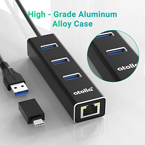 Usb 3.0 Hub Ethernet With Usb C Adapter, 3 Port Usb 3.0 Splitter Gigabit Ethernet Hub + Usb C Hub Network Rj45 1000Mbps Usb Extender #TOP3