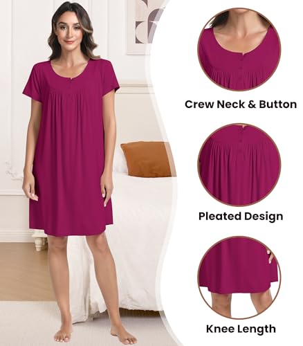 Image of NACHILA Bamboo Viscose Nightgown for Women Short Sleeve Crew Neck Sleepwear