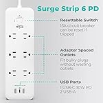 KMC USB-C PD Surge Protector 6-Outlet Power Strip, 30W Power Delivery Port, 2 USB-A Ports, 980J Protection, 4-Foot Extension Cord, White - Image 3